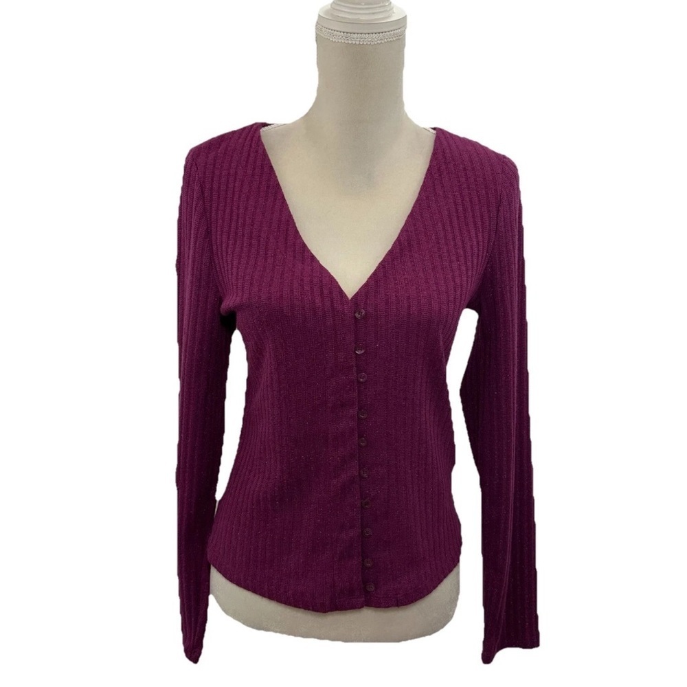 Anthropologie Maeve Womens M Purple Ribbed Knit V Neck Button Cardigan